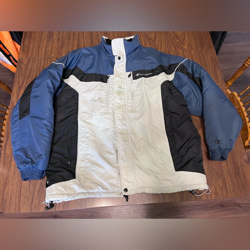Champion Colorblock Puffer Jacket in Blue, Black & White